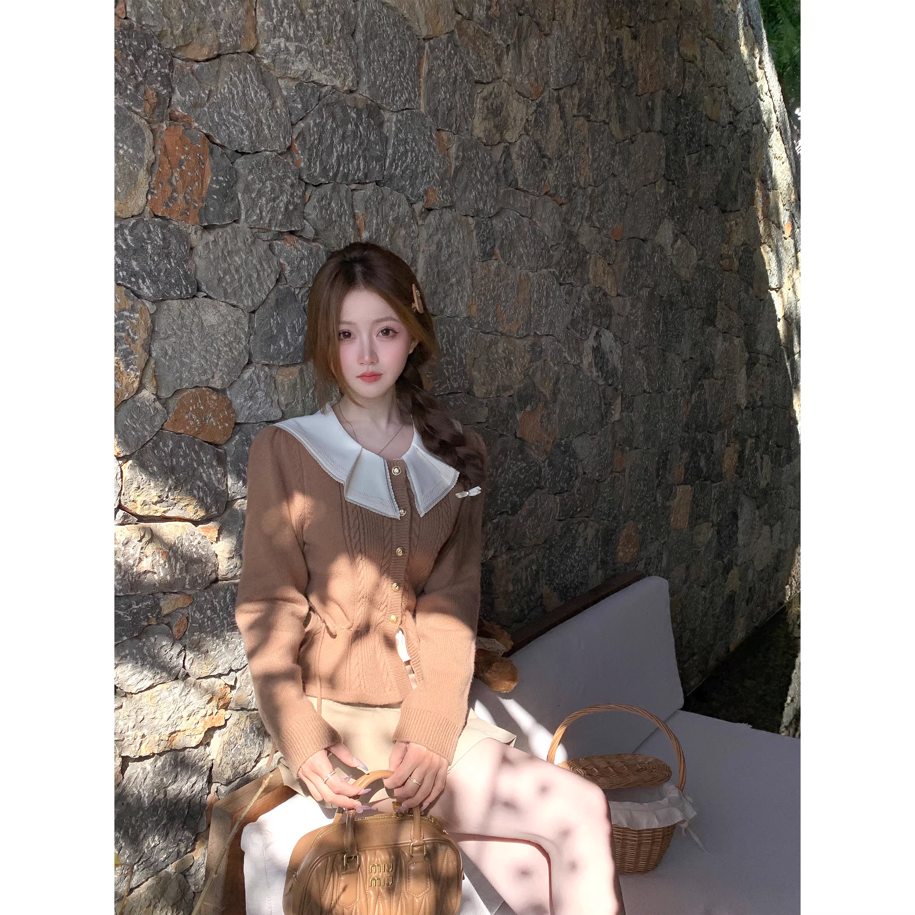 Retro brown cable knit cardigan for women A119