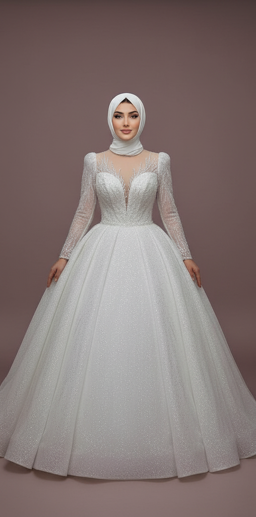 Custom Arabic Muslim Wedding Dress for Women with Long Sleeves and Tulle WHITE