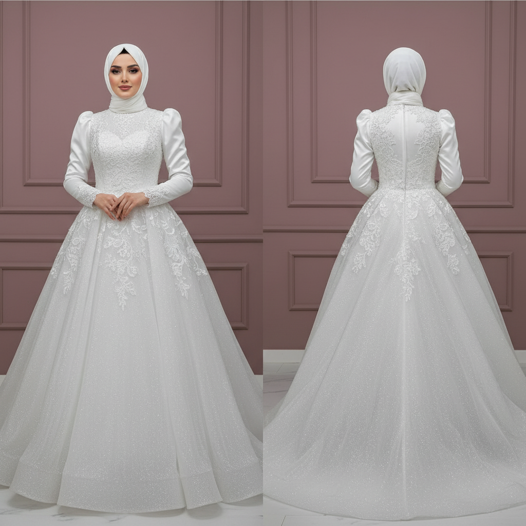 Minimalist Muslim Wedding Dress with Flower Appliques and Long Sleeves