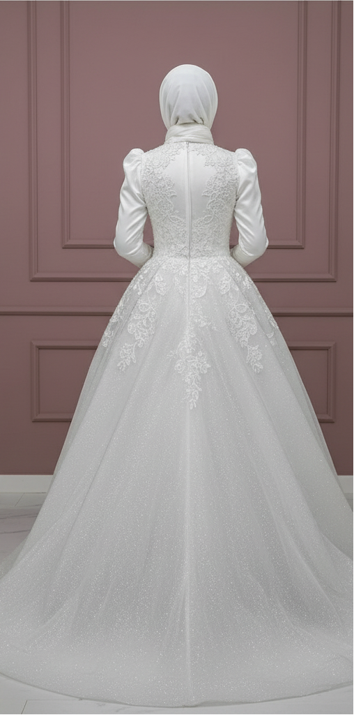 Minimalist Muslim Wedding Dress with Flower Appliques and Long Sleeves