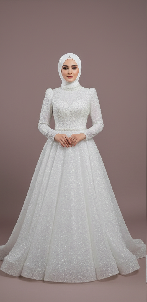 Dubai Inspired Muslim Wedding Dress with Applique Flowers and Full Sleeves WHITE