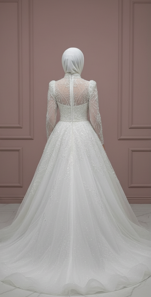Custom Arabic Muslim Wedding Dress for Women with Long Sleeves and Tulle