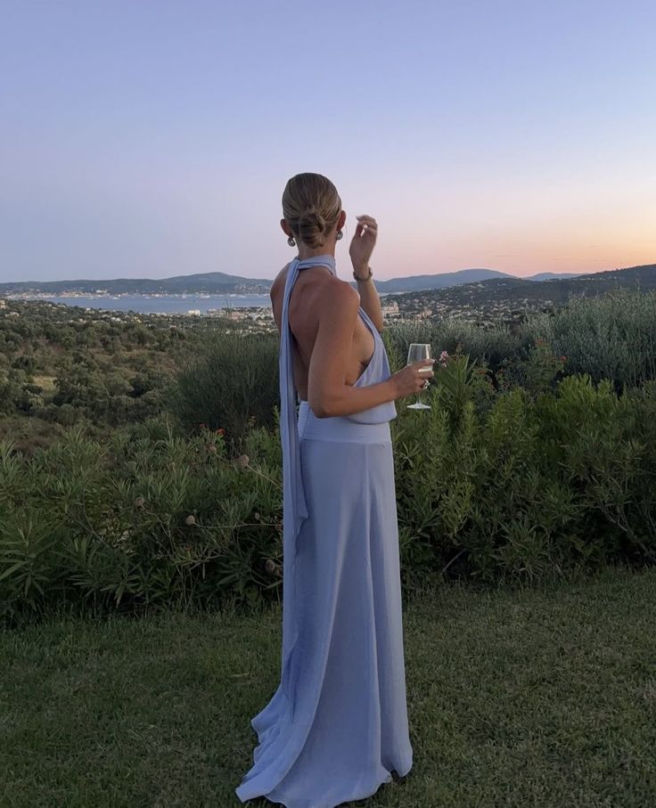 Elegant Blue Loose Halter Neck Tie Backless Chiffon Long Prom Dress Evening Dress