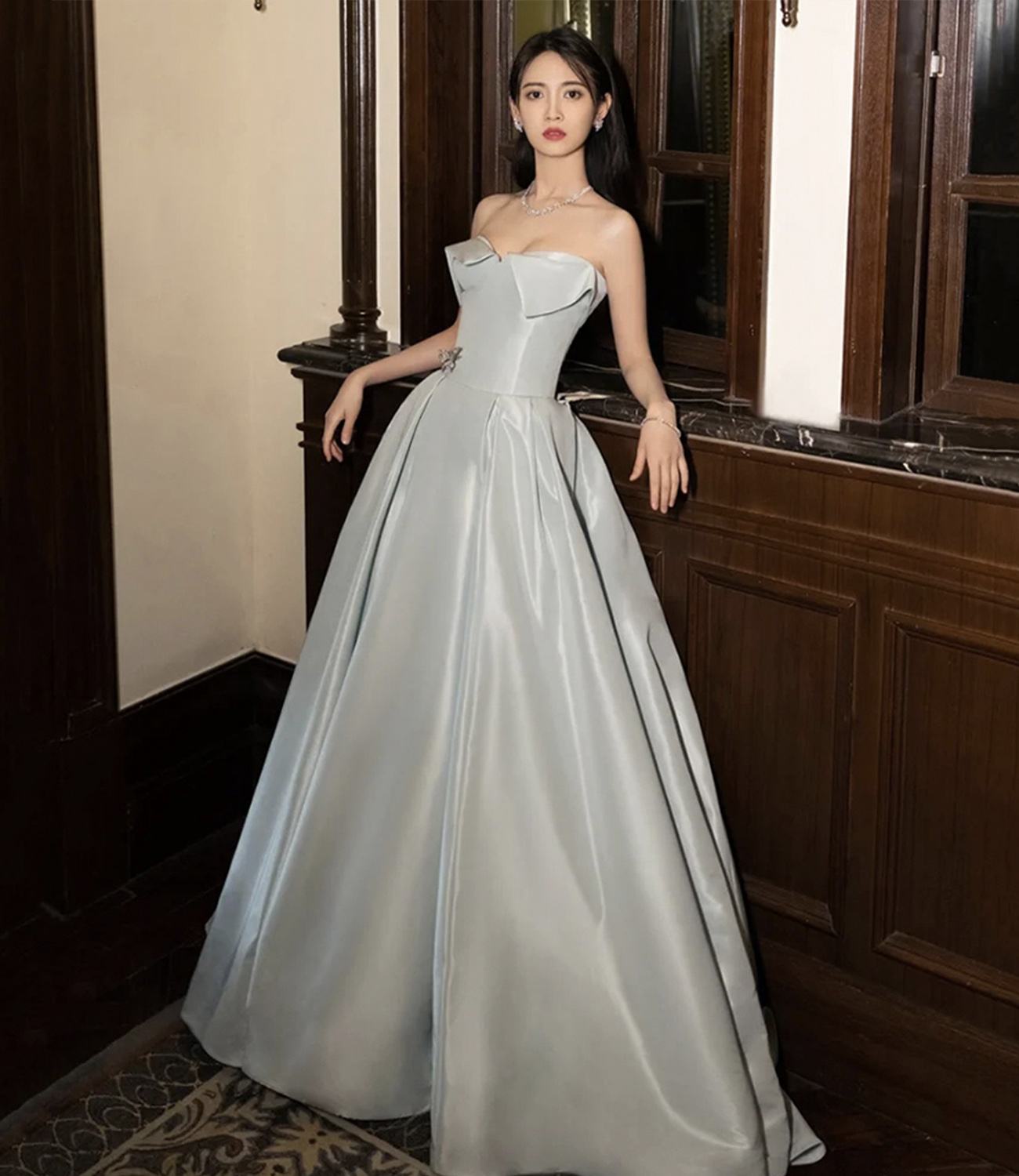 Blue Satin Long Prom Dress Elegant Evening Dress