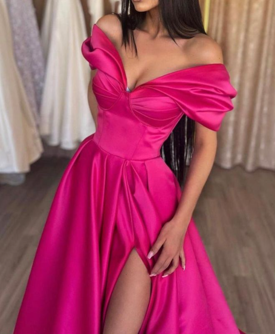 Chic Pleated Off Shoulder Slit Evening Dress Hot Pink A Line Party Prom Dress