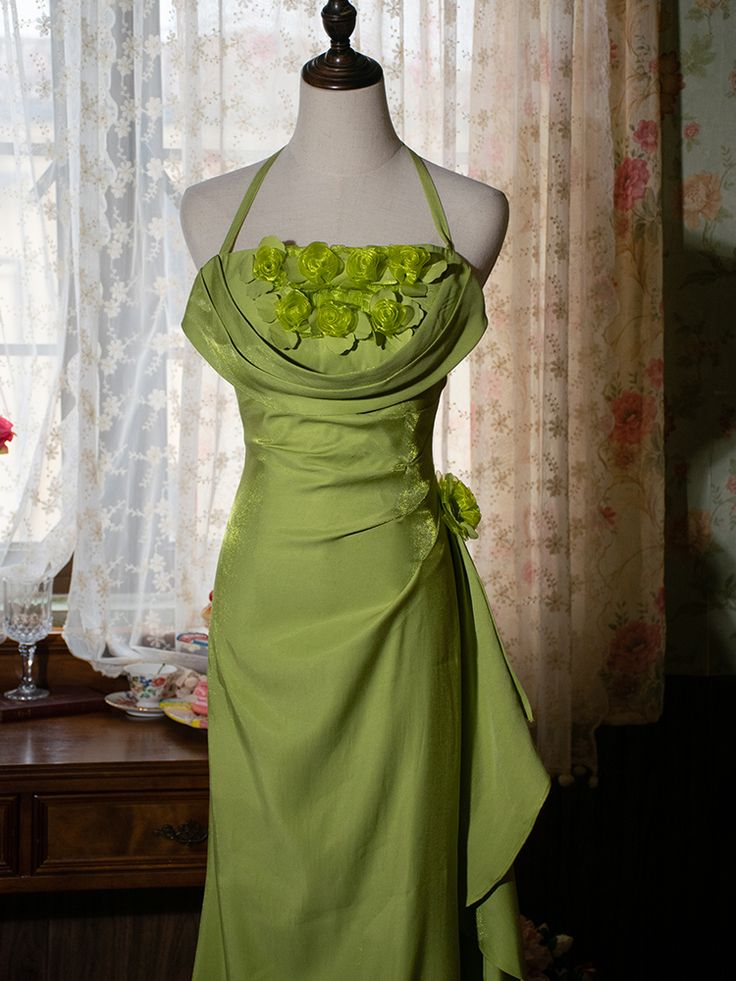 Green Halter Floral Prom Gown Vintage Party Dress Evening Dress