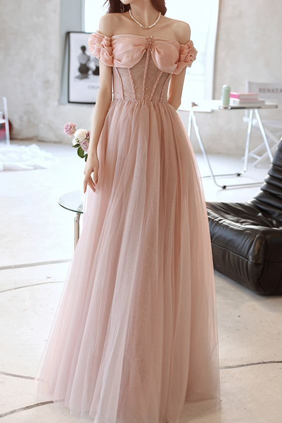 Lovely Pink Off The Shoulder Tulle Beading Prom Dress A Line Party Evening Dress