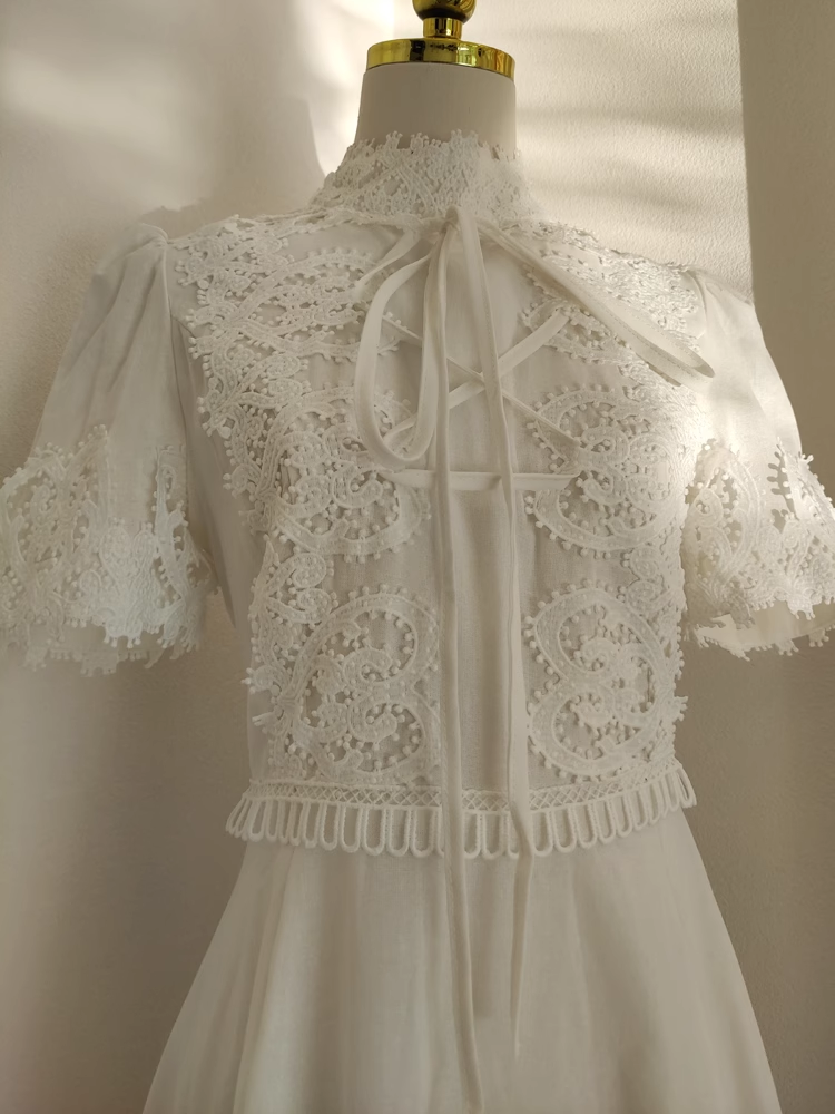 Cute A line High Neckline Short Sleeves Lace White Party Dress Chiffon Holiday Dresses