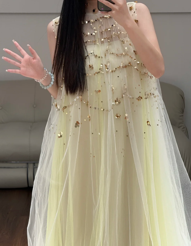 Yellow Tulle Prom Party Dress Sequin Evening Dress Party Dress