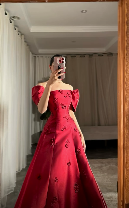 Burgundy Off The Shoulder Satin Appliques Evening Dress Classy Mermaid Party Dress