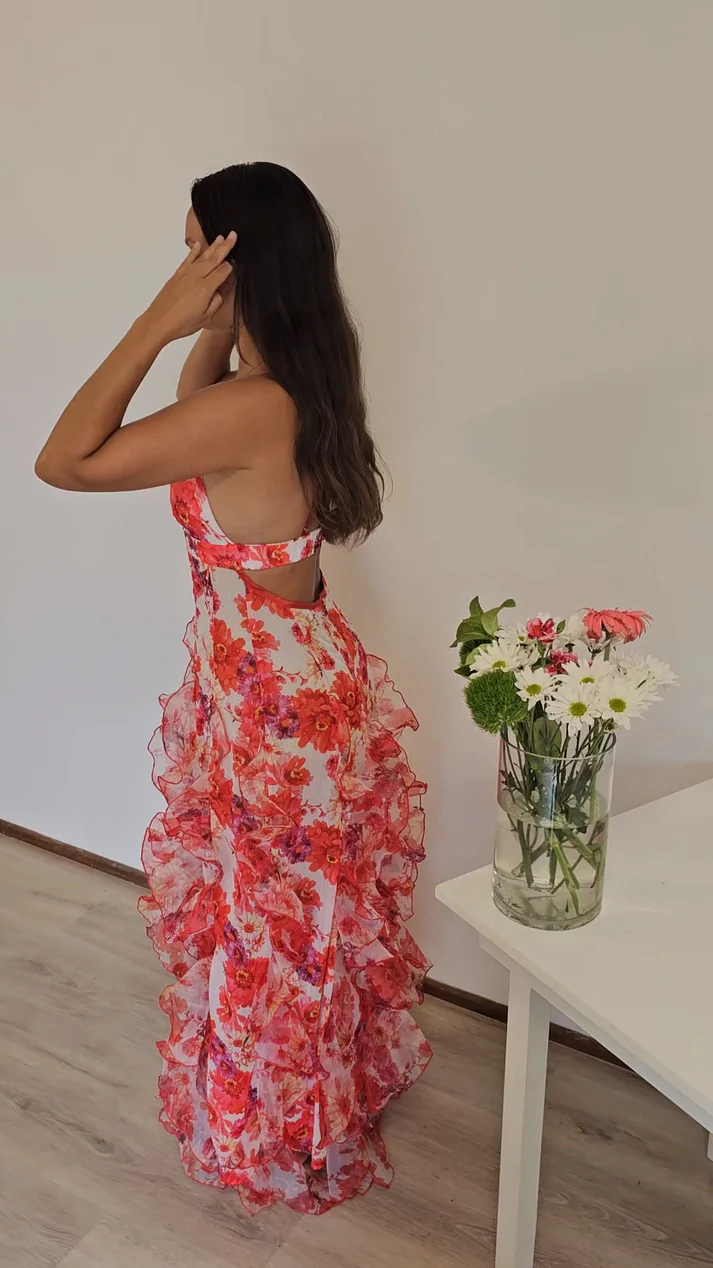 Sexy Red Floral Printed Backless Ruffle Long Party Dress Prom Evening Dress