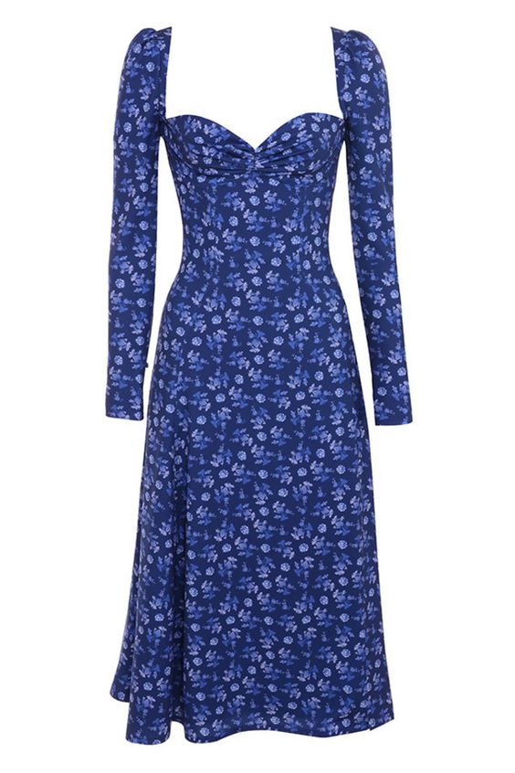 Sapphire Floral Puff Sleeve Midi Dress Vintage Prom Dress With Side Slit