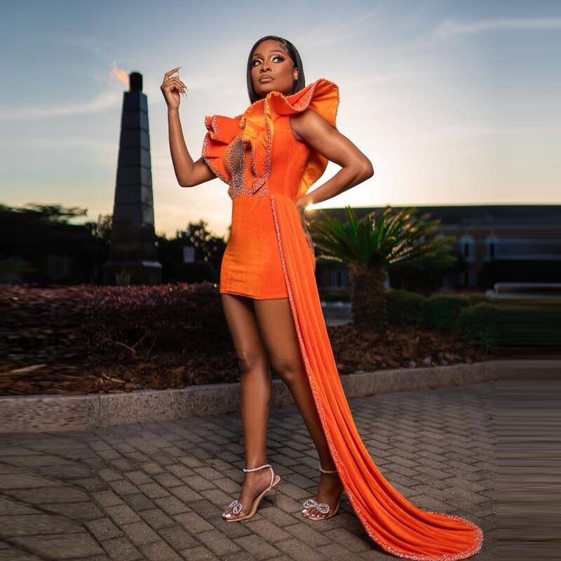 Orange Velvet Short Prom Dress Beaded Ruffle Sleeve Real Picture African Dark Skin Girl Party Dress