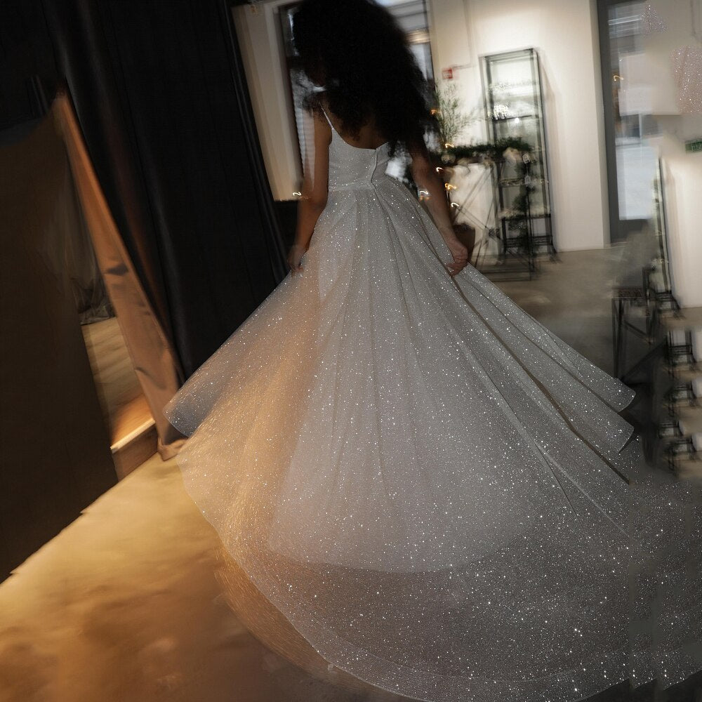 Sparkly V Neck Spaghetti Strap Wedding Dresses Simple Sparkly Tulle Train Wedding Dress