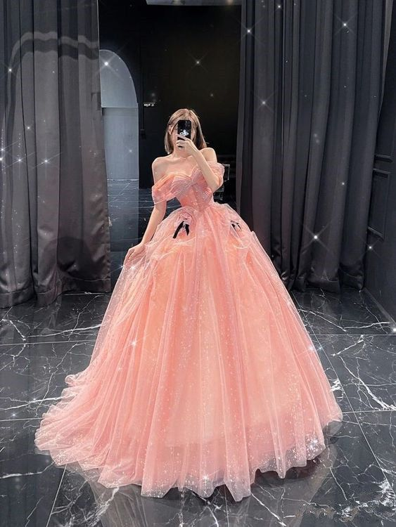 Charming Of The Shoulder Ball Gown A Line Pink Tulle Prom Dress