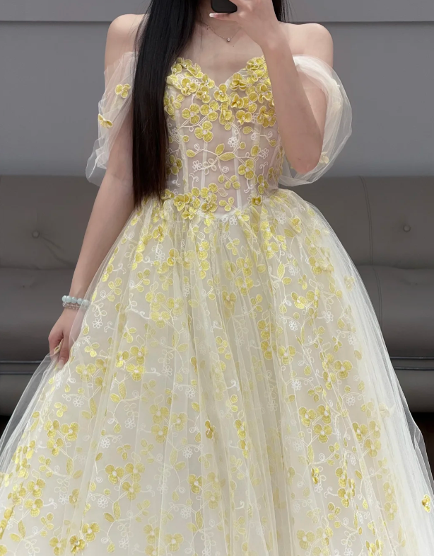 Off The Shoulder White Prom Party Dress Yellow Lace Evening Dress