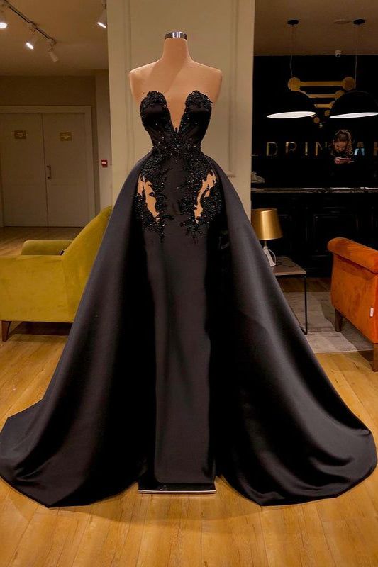 Black Sweetheart Overskirt Long Evening Dress With Appliques