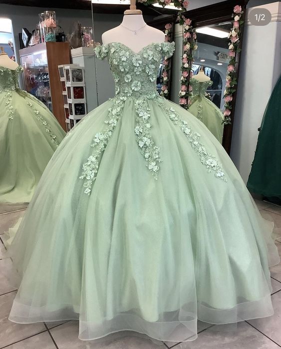 Off The Shoulder Sage Green Ball Gown With Flowers Sweet 16 Dress