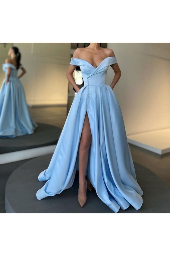 Elegant Long Blue Satin Off the Shoulder Prom Dress Formal Evening Gowns