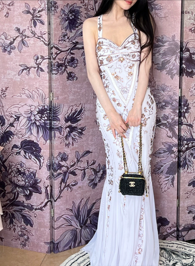 White Mermaid Long Prom Dress Beaded Vintage Evening Dress