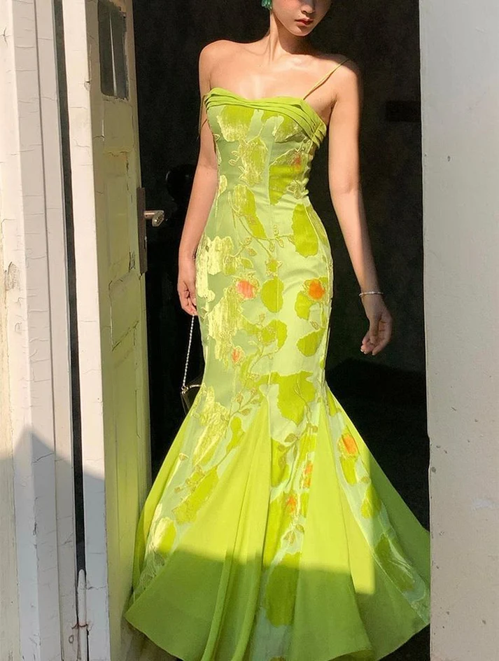 Unique Satin Print Floral Long Evening Gown Formal Mermaid Prom Dress Party Dress