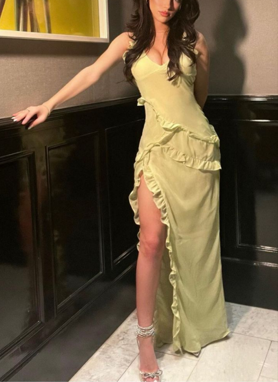 Sexy Spaghetti Straps Yellow Slit Ruffles Evening Dress Long Party Prom Dress