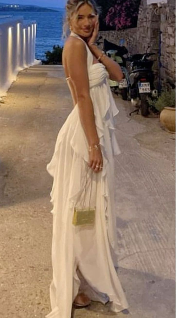 Sexy Halter Party Dress White Chiffon Slit Evening Gown Prom Dress