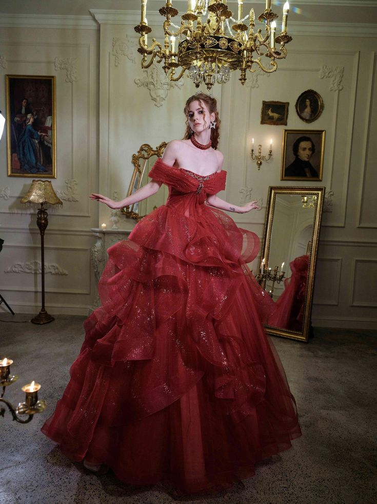Glitter Off-Shoulder Evening Gown, Red Tulle Beaded Ball Gown Fairy Quinceanera Dress