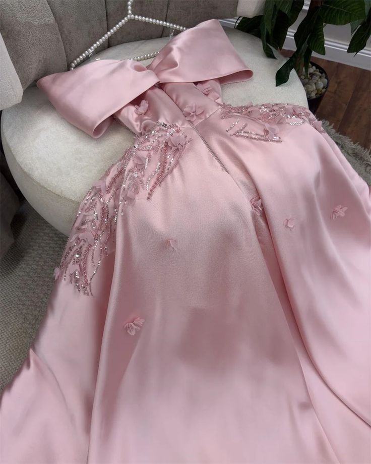 Gorgeous Off The Shoulder Apliques Beaded Evening Dress Pink Party Dress Ball Gown