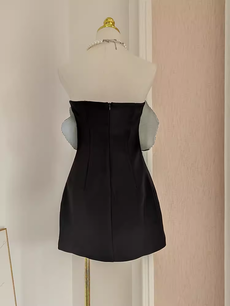 Sexy A line Strapless Sequin Travel Vacation Dress Short Black Birthday Dress