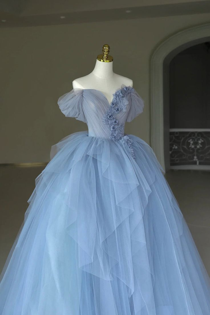 Blue Tulle Appliques Long Prom Dress, Off the Shoulder Evening Dress Ball Gown