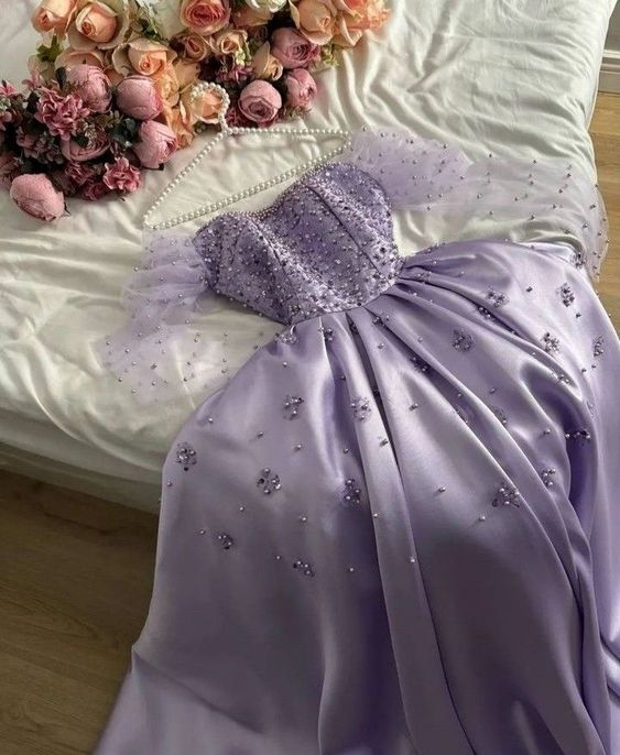 Vintage A line Sweetheart Pearls Long Sleeves Lilac Prom Dress Evening Dresses