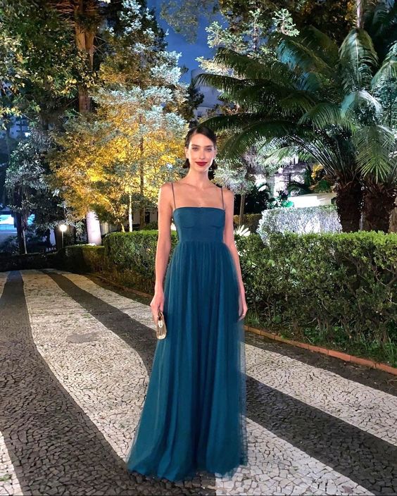Simple Spaghetti Straps New Tulle Evening Prom Dresses