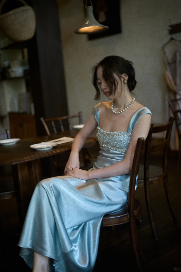 Elegant Blue A Line Straps Beaded Satin Long Prom Dress Evening Dress
