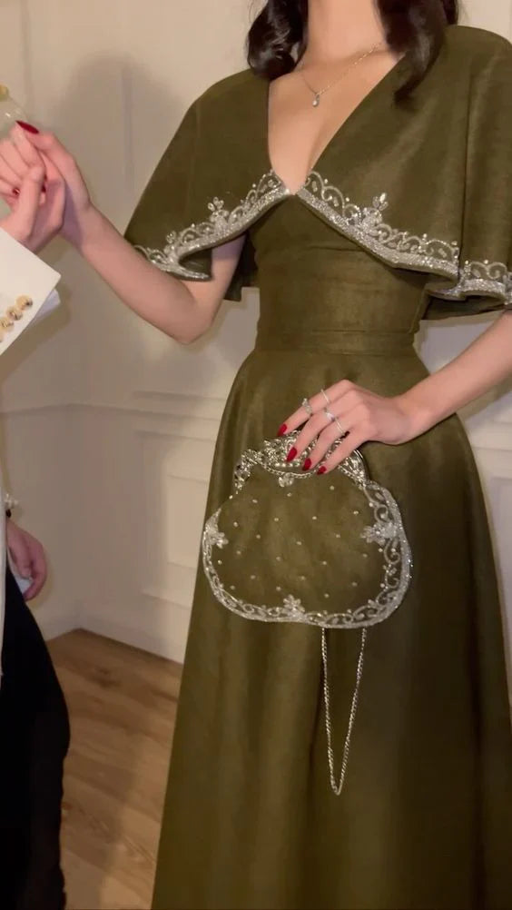 Retro Style V Neck Long Prom Dress,Winter Dance Dress