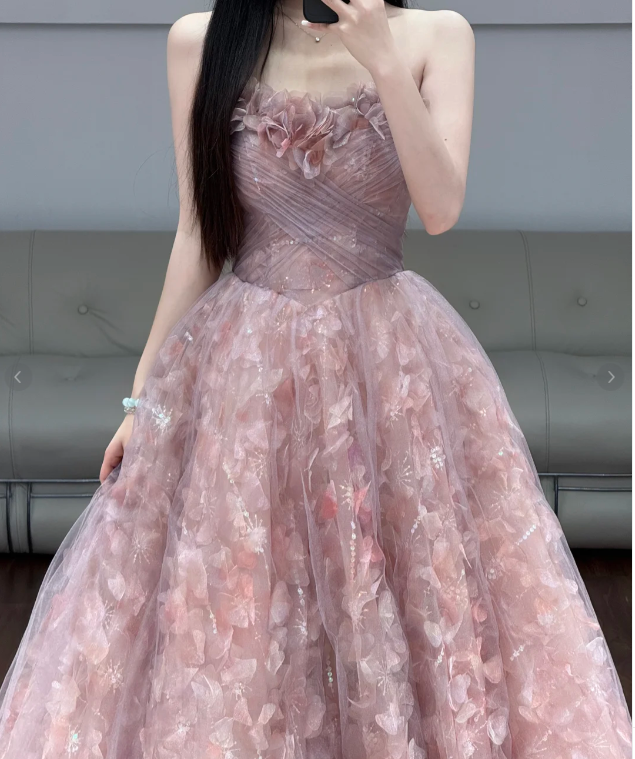 Pink Flora Prom Party Dress Sleeveless Tulle Evening Dress