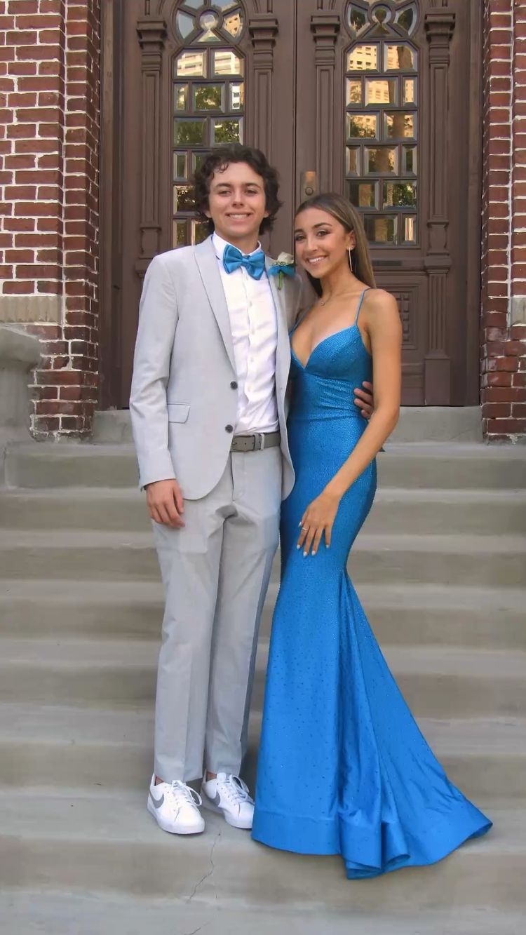Blue Mermaid V Neck Satin Beaded Prom Dress Spaghetti Straps Formal Dress Classy Evening Dress