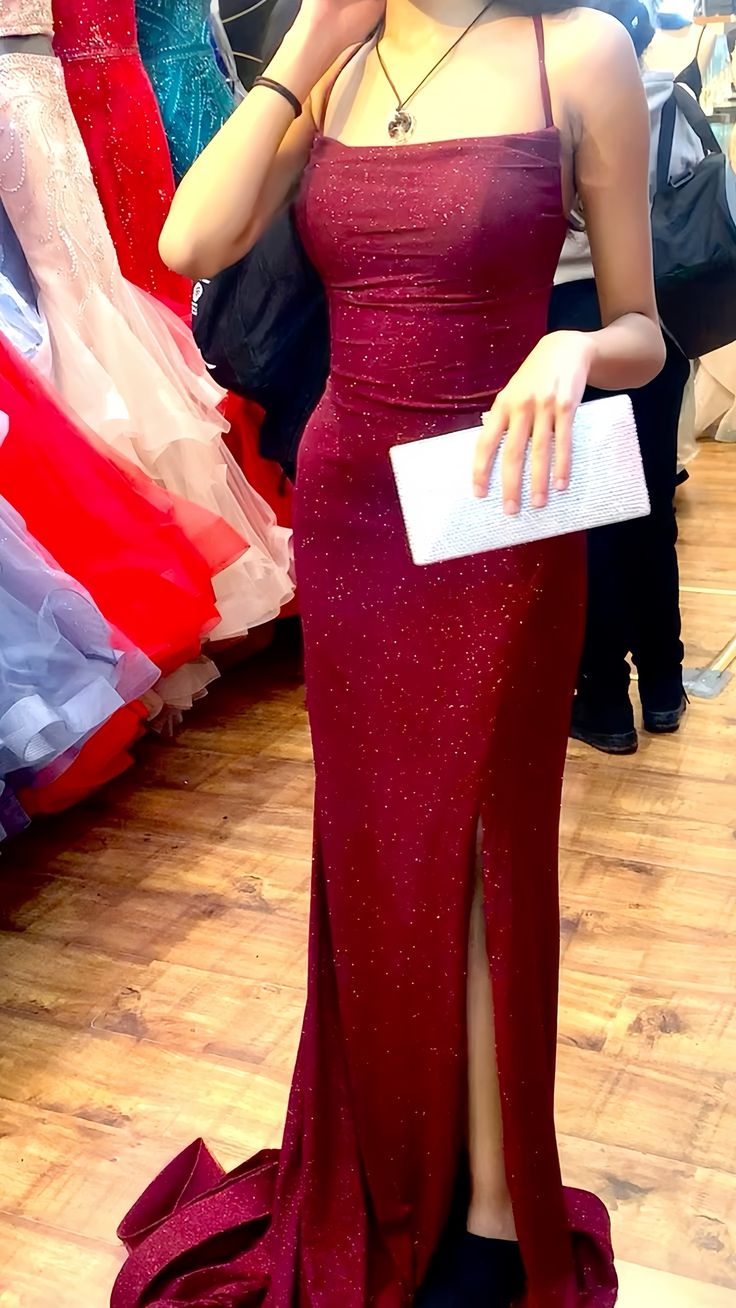 Pretty Sheath Spaghetti Straps Burgundy Slit Long Evening Dress Prom Dresses