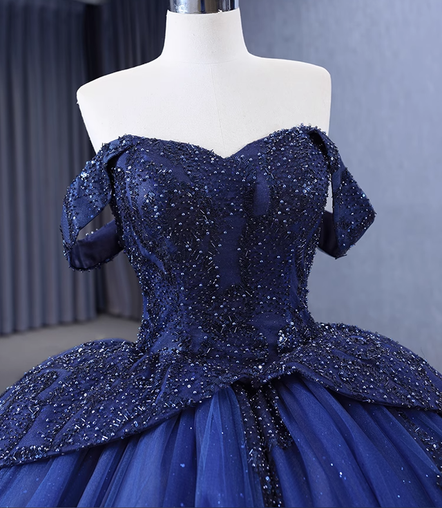 Luxurious Navy Blue Tulle Sequins Beading Prom Dress Sweet 16 Ball Gown