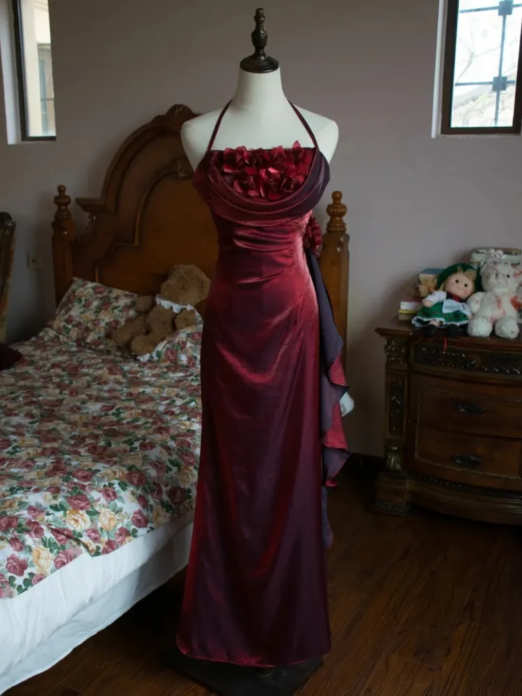 Vintage Burgundy Floral Long Prom Dress Halter Party Evening Gown