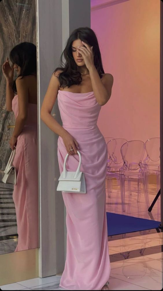 Pink Strapless Party Evening Dress Long Prom Dress