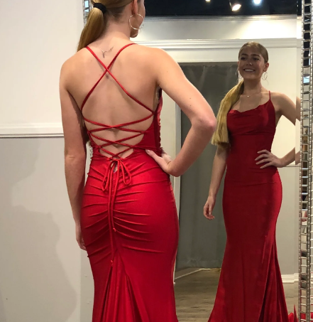 Sexy Spaghetti Strap V-neck Sleeveless Mermaid Satin Long Prom Dresses With Trailing For Party