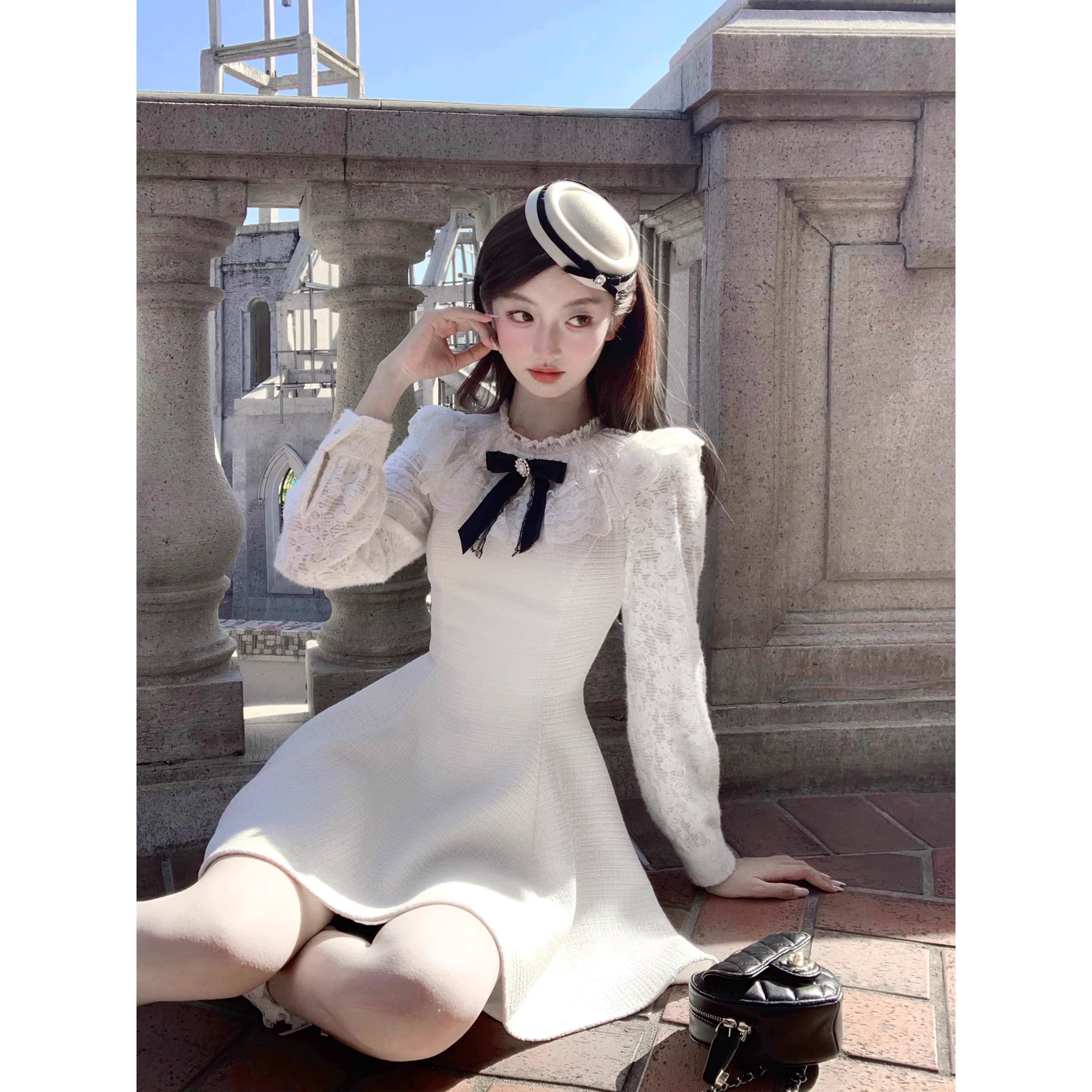 Lace dress for women, off-white princess short skirt A04