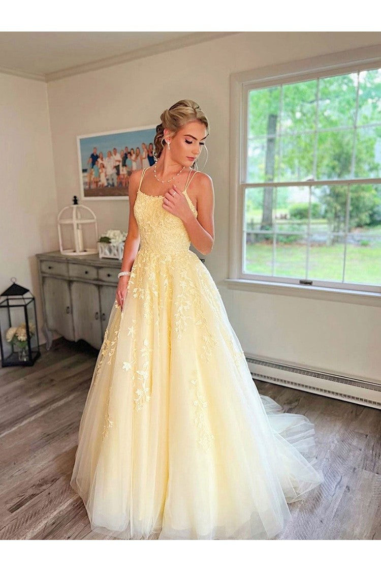 Sweet Yellow A-line Tube Top Embroidered Tulle Long Prom Dress Evening Dress