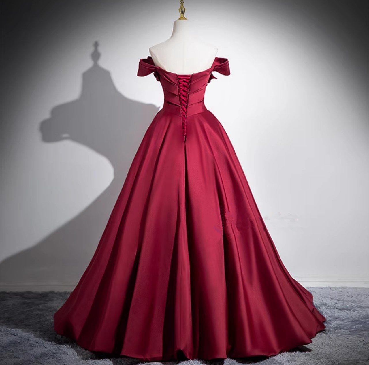 Burgundy Off The Satin Pleated Ball Gown A Line Prom Dress