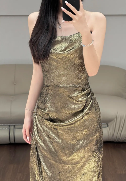 Gold Sheath Evening Dress Birthday Outfit Prom Party Dress