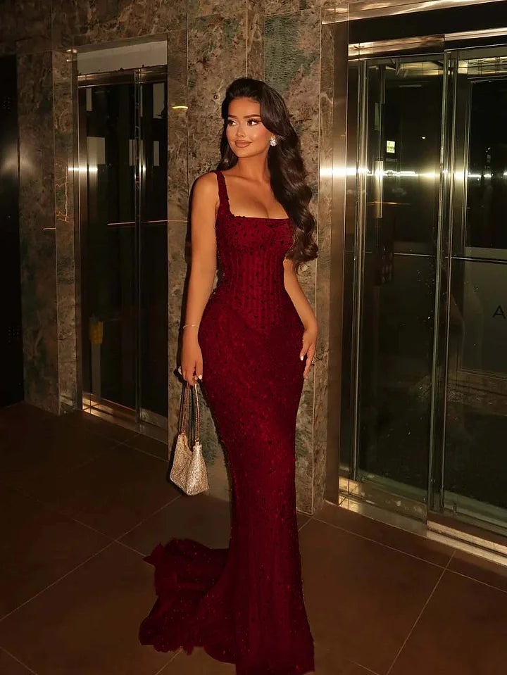 Luxurious Champagne Gold Mermaid Square Neck Sequined Prom Dress Evening Dress