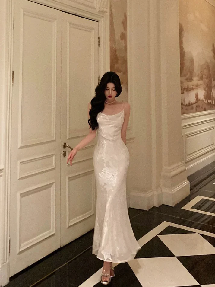 Elegant Mermaid Floral Ivory Satin Prom Dress Spaghetti Straps Party Gown Birthday Outfit