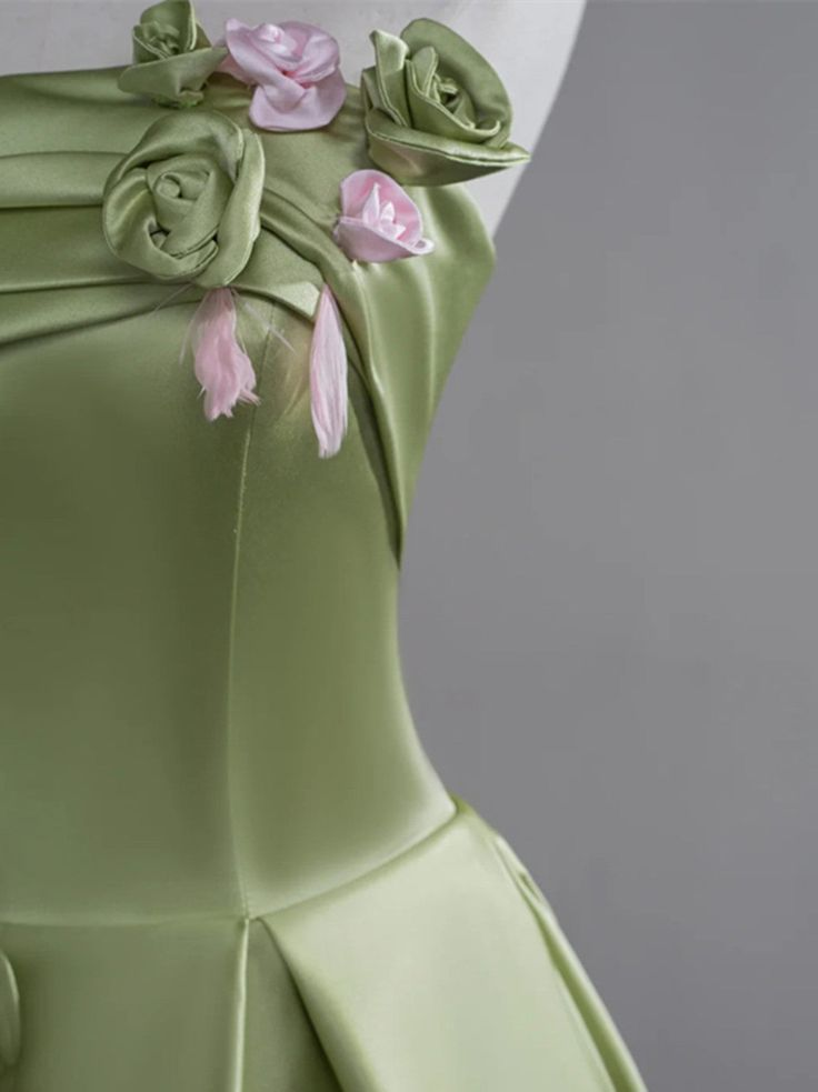 Elegant Green Satin Party Dress With Flowers, Green Long Prom Dress