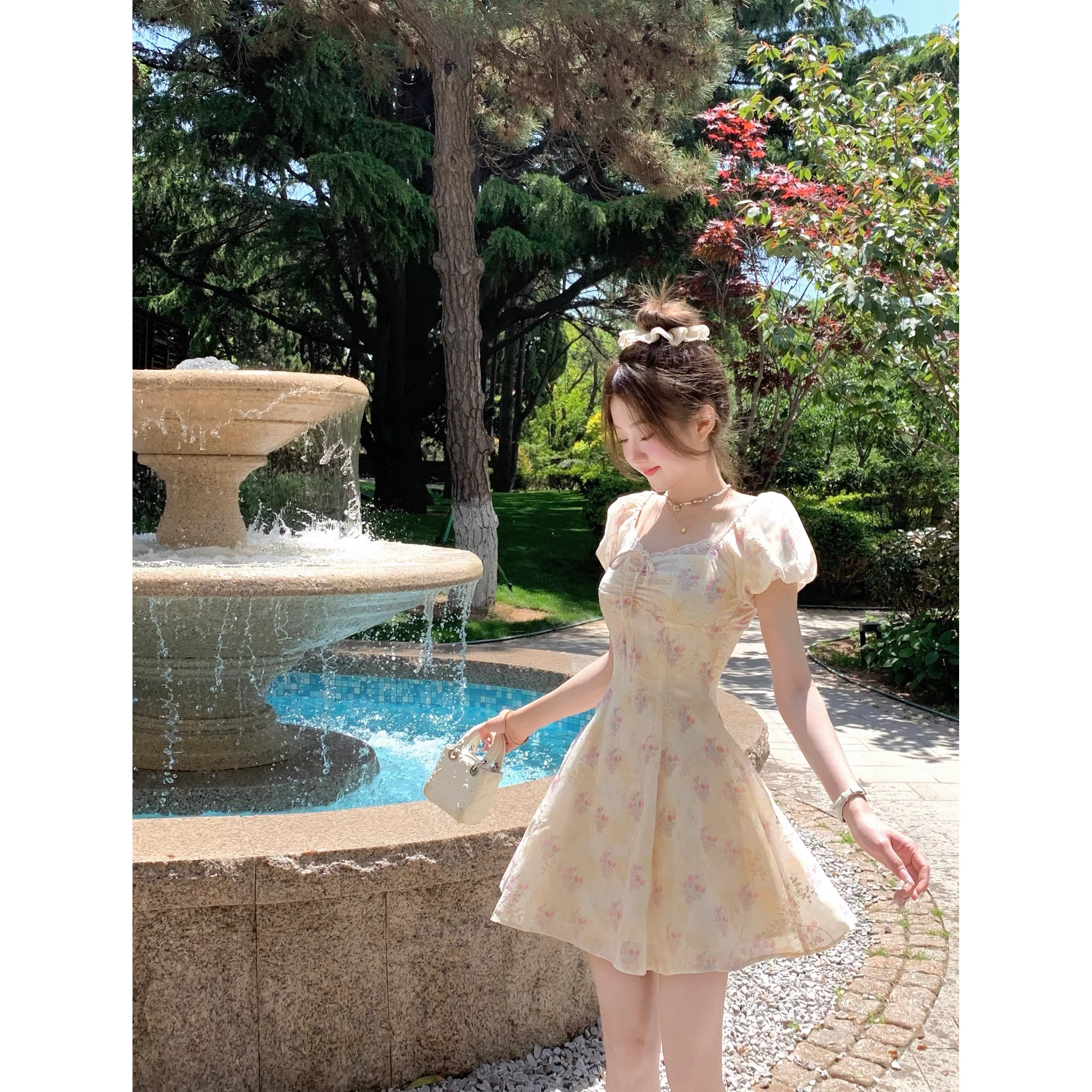Yellow floral short-sleeved dress A54